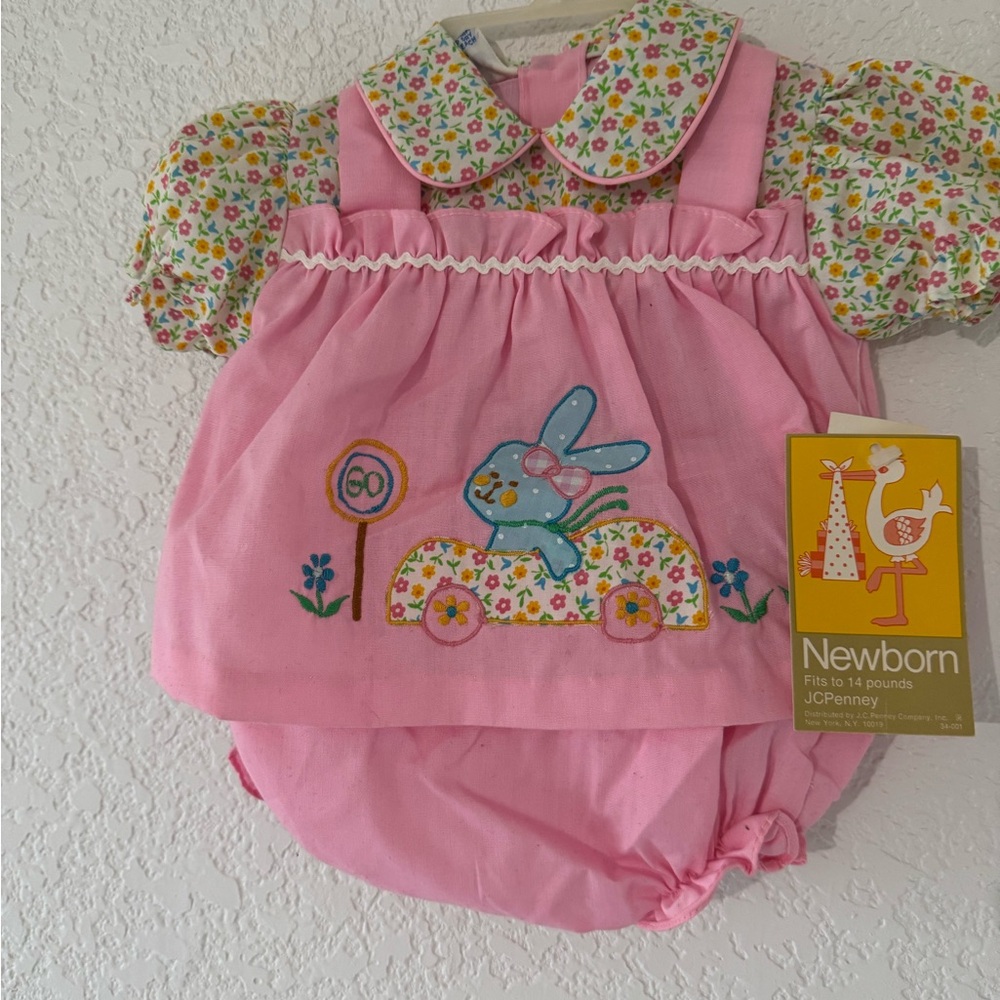 Vintage Easter Jcpenney Pink Baby Bubble Romper with Bunny Car Applique